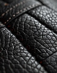 Close up macro shot of black textured leather material.