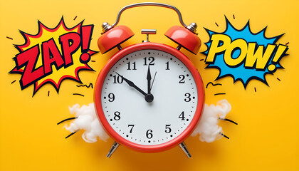 Retro alarm clock yellow background comic style smoke explosion time pressure urgency colorful pop art creativity playful concept