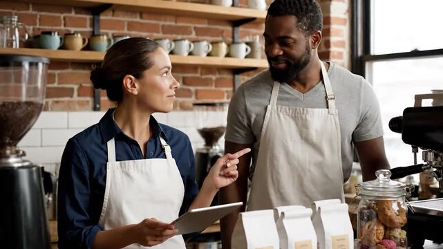 Workers in aprons discuss order on tablet at coffee shop
