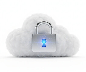 Cybersecurity Concept of a Glowing Digital Padlock Secured on a White Cloud