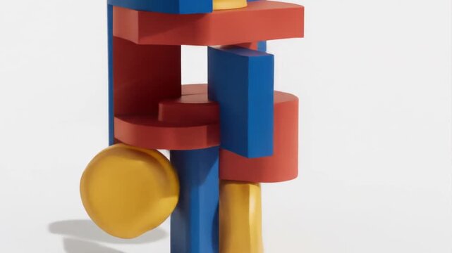 Abstract Sculpture Rotating on a White Background, Showcasing Geometric Shapes and Primary Colors