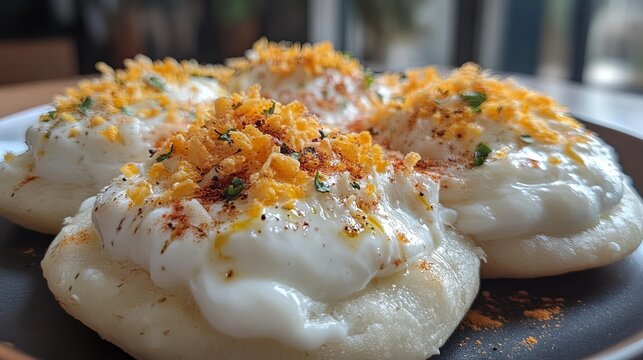 Homemade dahi puri with spicy and sweet toppings for the festival .