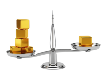 macro shot of a precise chrome scale tilted by five polished gold cubes against one cube, isolated on a stark white background with copy space. concept of unfair distribution and comparison