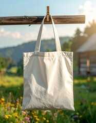 Blank White Canvas Tote Bag Hanging Outdoors on a Wooden Beam.