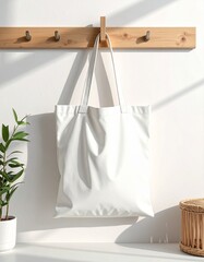 Minimalist White Tote Bag Hanging on a Wooden Hook Against a White Wall.