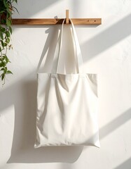 Minimalist White Tote Bag Hanging on a Wooden Hook with Plant Shadow.