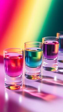 rainbow shot cocktails layered vibrant in flight.