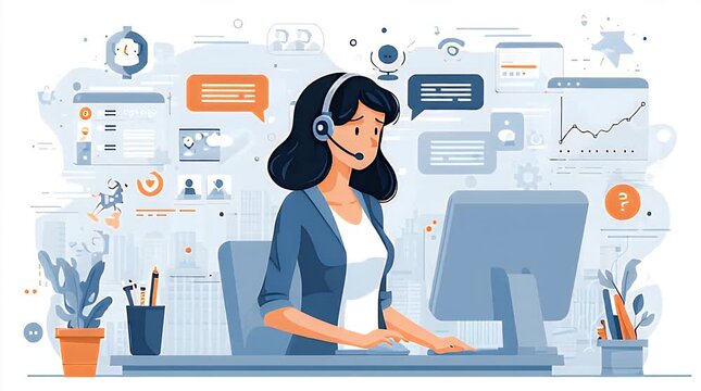 A woman with a headset sits at a desk with a computer and various office supplies, surrounded by digital icons and graphs