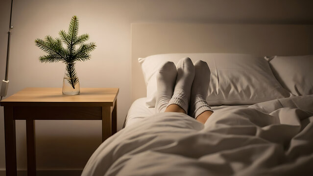 Cozy couple in bed feet wearing socks, enjoying a relaxed morning with a small pine branch on the nightstand.
