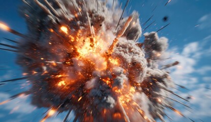 Intense fiery explosion erupts against a clear blue sky, sending debris flying outward