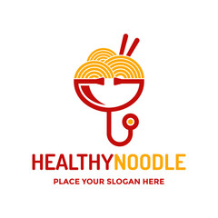 Healthy noodle logo design. Vector illustration of a noodle bowl with a stethoscope, perfect for healthy food restaurants and diet catering.
