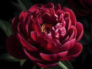 Lush Deep Red Peony Flower in Full Bloom Against Dark Background