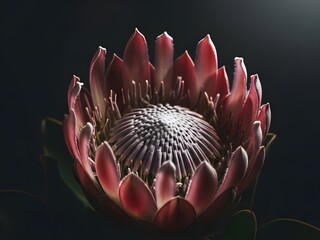 Exotic Pink King Protea Flower Bloom on Dark Dramatic Background