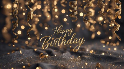 Elegant golden happy birthday greeting with bokeh lights and sparkling confetti for festive celebrations
