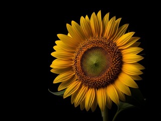 Large Golden Sunflower Head Isolated on a Solid Black Background
