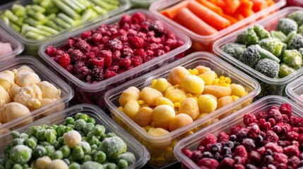 Assorted frozen fruits and vegetables in plastic containers.