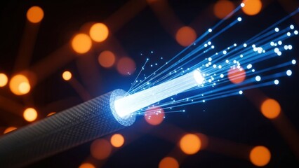Glowing blue light bursts from a textured dark fiber optic cable, amidst a bokeh network of orange nodes