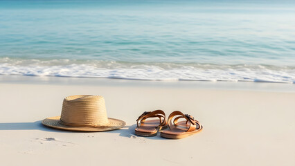 Classic Straw Sun Hat and Brown Leather Sandals Resting on Pristine White Sand Beach with Calm Turquoise Ocean Waves