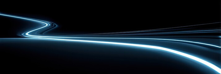 Abstract neon light trails curve across a dark, expansive background