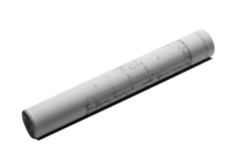 A single, detailed architectural blueprint scroll made of thick, faded grey paper, partially unfurled, resting diagonally on a transparent background with soft shadows. Concept of technical planning