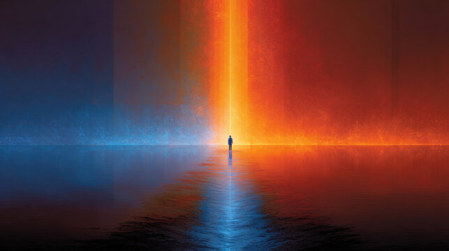 Human and AI represented as two opposing beams of warm and cold light colliding at center