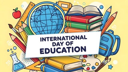 A vibrant illustration marking the International Day of Education, featuring a globe surrounded by educational supplies like books, pencils, and a backpack on a bright yellow background.