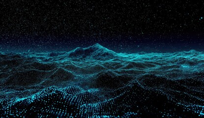 A digitally rendered cosmic landscape with glowing blue terrain under a starry sky