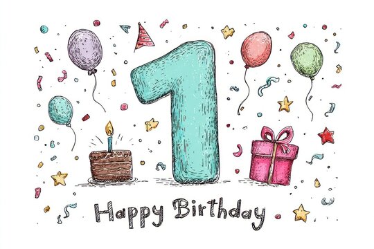 Hand drawn watercolor illustration of a festive first birthday celebration with balloons cake and gift - Powered by Adobe