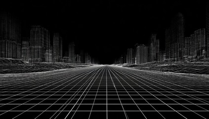 Futuristic wireframe city perspective with grid road leading to vanishing point