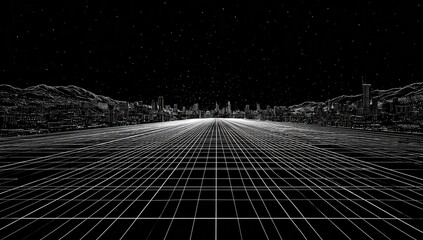Futuristic grid road leads to illuminated cityscape under a starry night sky