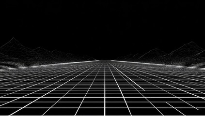 Wireframe landscape with a grid road receding into mountains on a dark background