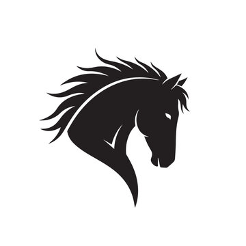 PrSilhouette of a horse head with flowing mane, black vector icon on white background.int