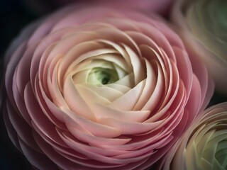 Soft Pink Ranunculus Flower with Intricate Spiral Petals Macro