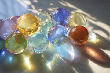 Colorful translucent spheres scattered, catching sunlight and casting prismatic shadows