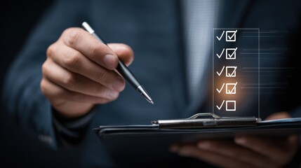 Businessman with pen marking checklist