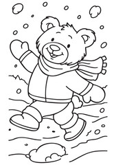 Title:
Vertical ISO A1 coloring sheet featuring a cheerful bear strolling in the snow with a cozy scarf, simple thick outlines, easy to color, printable, large clear shapes for children