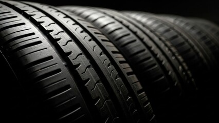 Close-up of new dark vehicle tires in a row, highlighting intricate rubber treads under low light