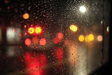 Rainy night through a window with blurry colorful lights