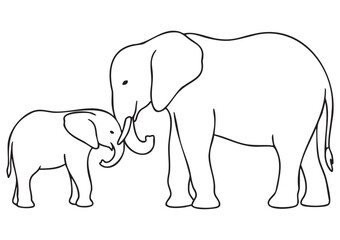 ISO A1 Educational Coloring Page for Children with Mother Elephant and Baby Elephant Touching Each Other, Simple Animal Family Illustration
