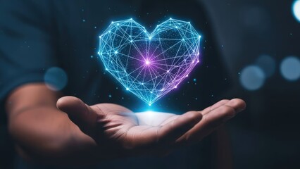 Open hand presenting a vibrant, glowing digital heart made of interconnected lines and dots, dark background