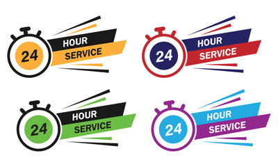 24 hour service vector set. 24 hour discount offer, support, delivery and more concept. Twenty-four hour service everyday sign with alarm clock icon. Vector illustration.