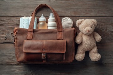 A bag with diapers and baby bottles. A teddy bear for the baby. The idea of being a parent. Things for taking care of a baby. Things that babies need.