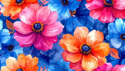 a vibrant floral pattern featuring colorful flowers in shades of pink, orange, and blue