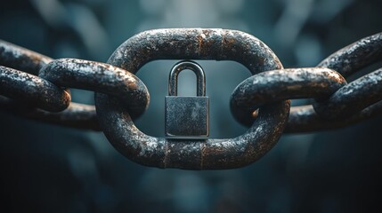 Chain links with secure padlock close up