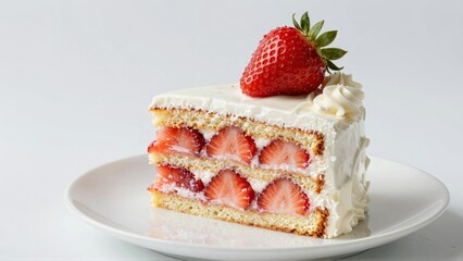 Strawberry layer cake slice with fresh berries and cream