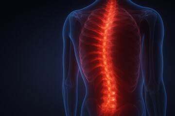 Transparent back silhouette with a glowing red spine curving down the torso. Concept of back pain, anatomy, and nerve inflammation. For health article graphic
