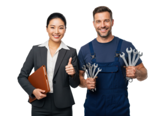 Young asian businesswoman in a power suit and caucasian mechanic in blue jumpsuit, holding a folder and wrenches, giving a confident thumbs-up on a transparent studio background. Concept of