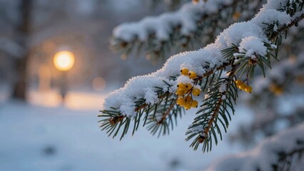 Snow-covered pine branch with yellow berries at sunset