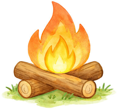 Cute Campfire Watercolor Illustration &mdash; Bonfire Clipart for Kids and Camping Designs