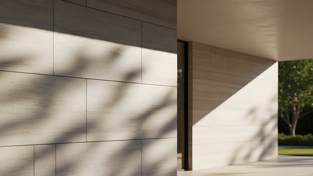 Modern Stone Wall with Organic Tree Shadows and Sunlight Architectural Abstract Background - Powered by Adobe
